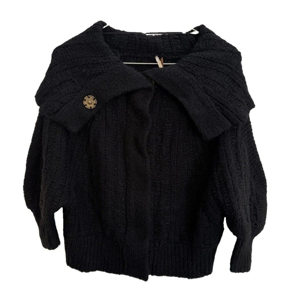 VTG Free People Sz S Black Wool Bl Chunky Knit Cropped Cardigan Sweater Button
